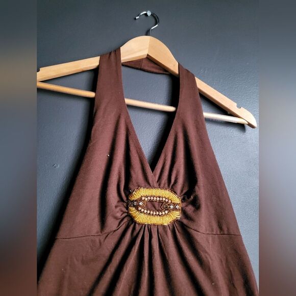 Vintage Brown Halter Top Beaded Statement Embellished Boho Y2k 00s Sz M - Picture 3 of 5